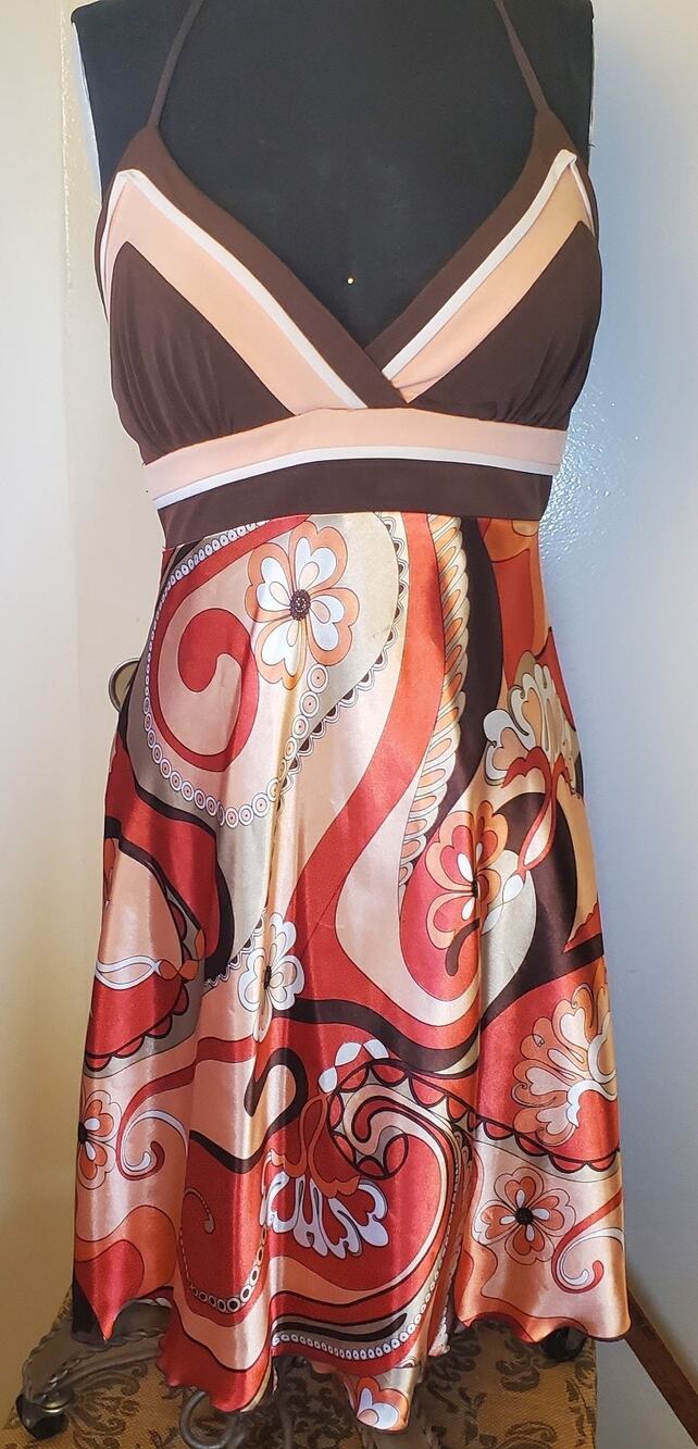 Miss Bisou Paisley Halter Dress Size 7 Brown Coral Stretch Top Satin Bottom